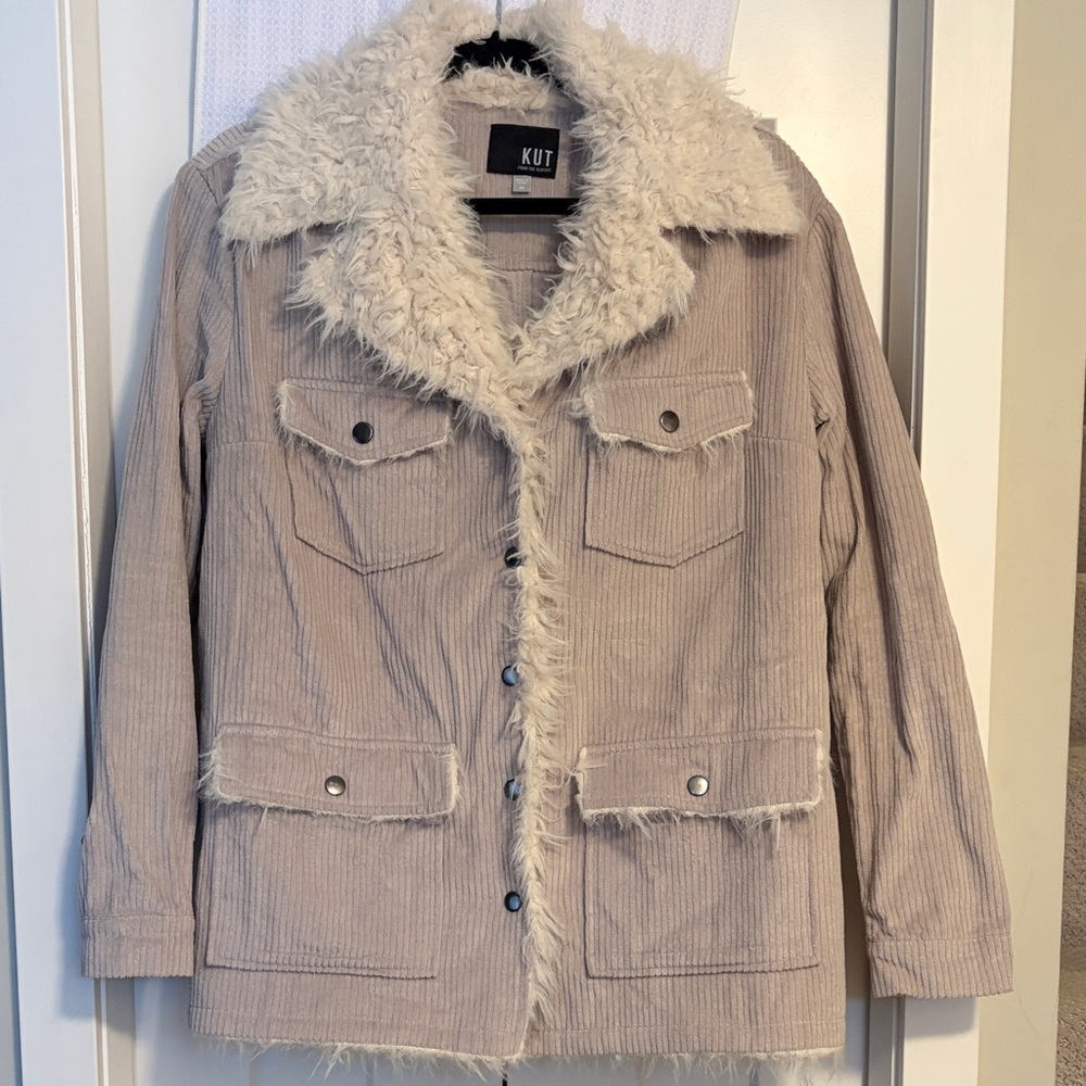 Kut from the Kloth Beige Corduroy Jacket with Faux Fur Trim